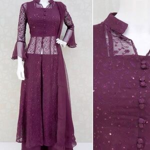 Dark wine sequin sheer long maxi open front jacket bell sleeves Sz M